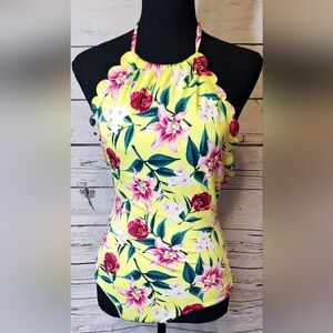 #1545 Floral Halter Neck Scalloped One Piece Swimsuit - Yellow & Pink Sz.S